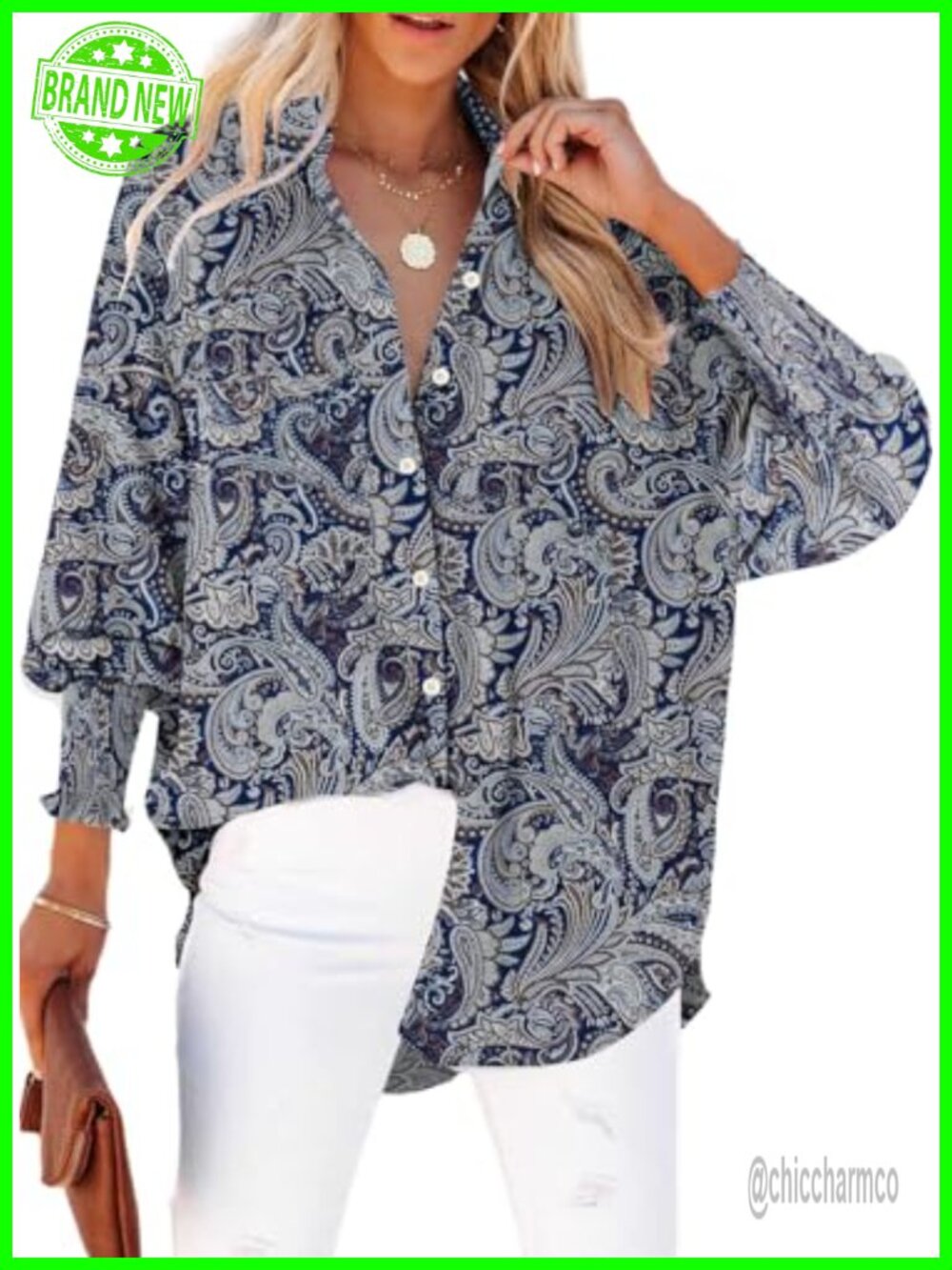 Women's Paisley Smocked Cuff Button Down Boyfriend Blouse